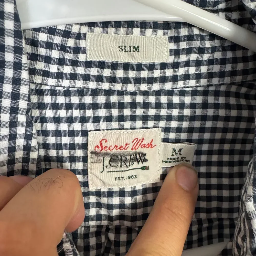 J.Crew Slim Secret Wash Cotton Poplin Shirt Men M Navy White Gingham Button Down